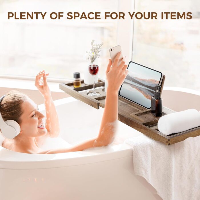 Підставка для ванни з текового дерева, розширювані ручки, тримачі для келиха вина та телефону, підставка для книг, для дому, спа, релаксації та читання, натуральний (темно-волоський)