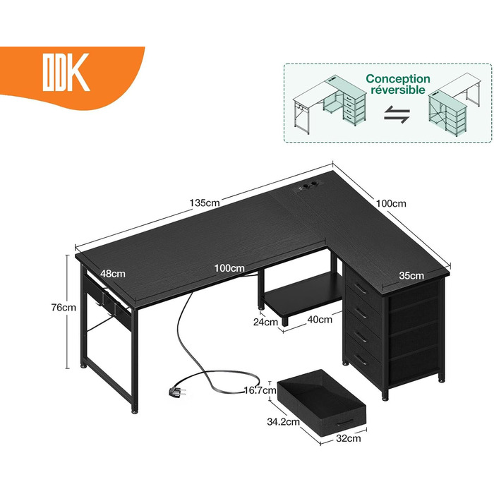 Письмовий стіл ODK L-подібний з ящиками, розетками, USB, двосторонній, 135100см, чорний