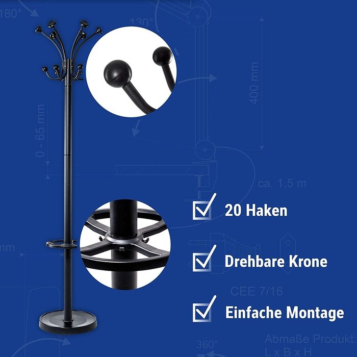 Настінна вішалка для одягу MAUL Nebula з 20 гачками та тримачем для парасольки, срібно-чорна