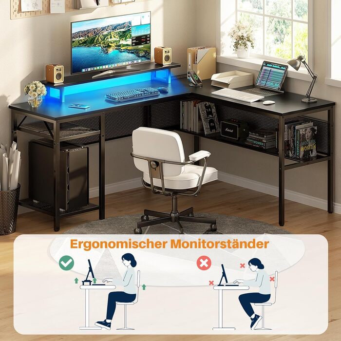 L-подібний ігровий стіл, 141x117x76 см, з полицею, для дому, офісу, навчання, ігор, чорний