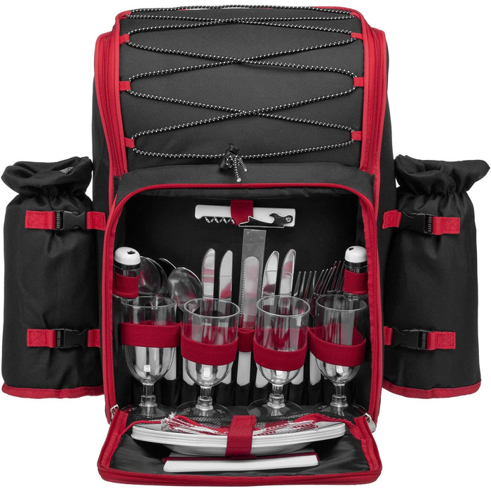 Рюкзак для пікніка Andora на 4 особи з інтегрованою сумкою-холодильником, зелений, з аксесуарами (чорно-білий у горошок)