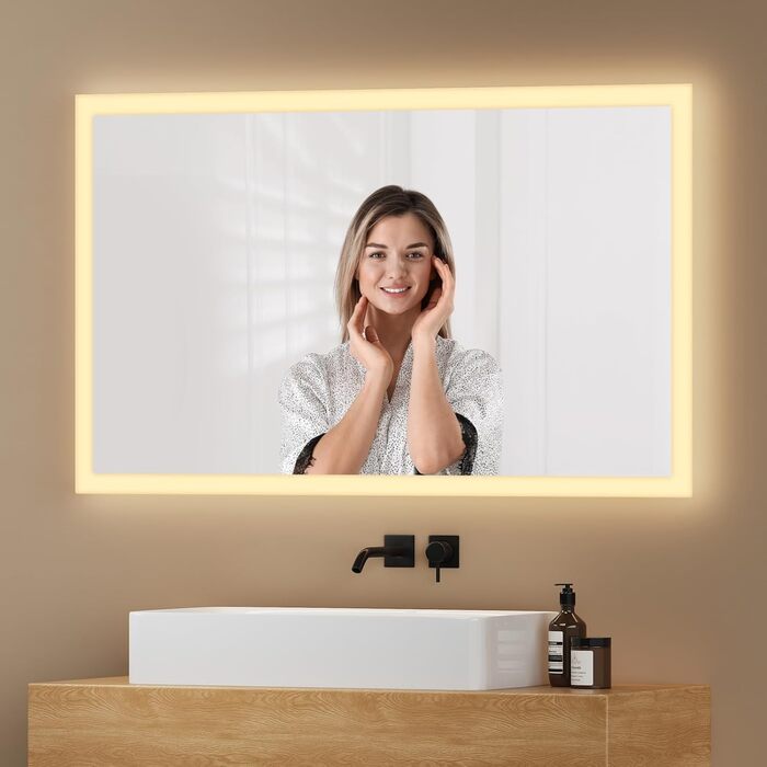 Дзеркало для ванної кімнати EMKE® з підсвічуванням 80x60 см, тепле біле світло 3000K, вимикач, вертикальна/горизонтальна установка, IP44, енергозберігаюче