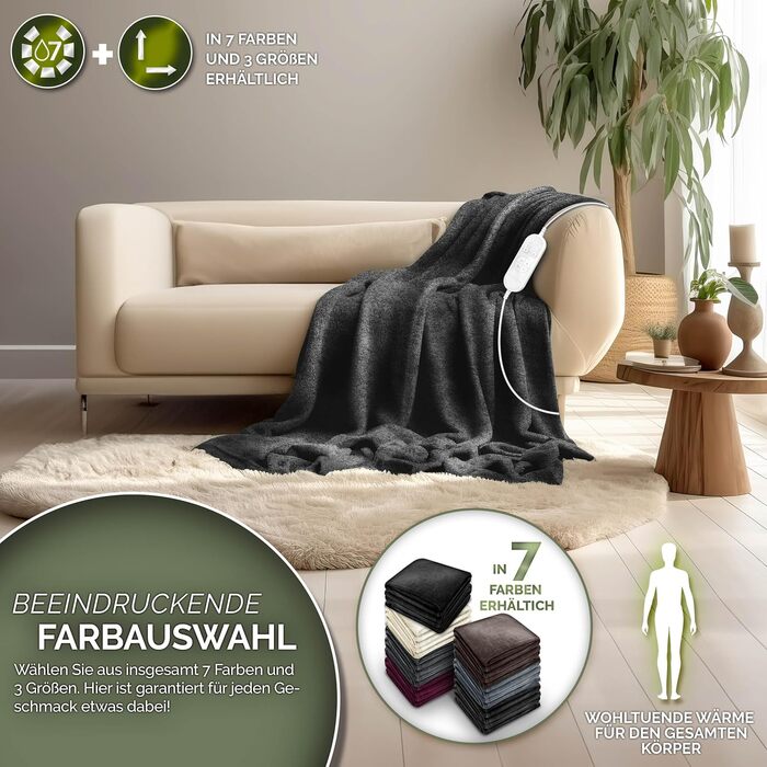 Електрична гріюча ковдра з плюшу 200 x 180 см з таймером та 9 рівнями нагріву, відключається автоматично, антрацит