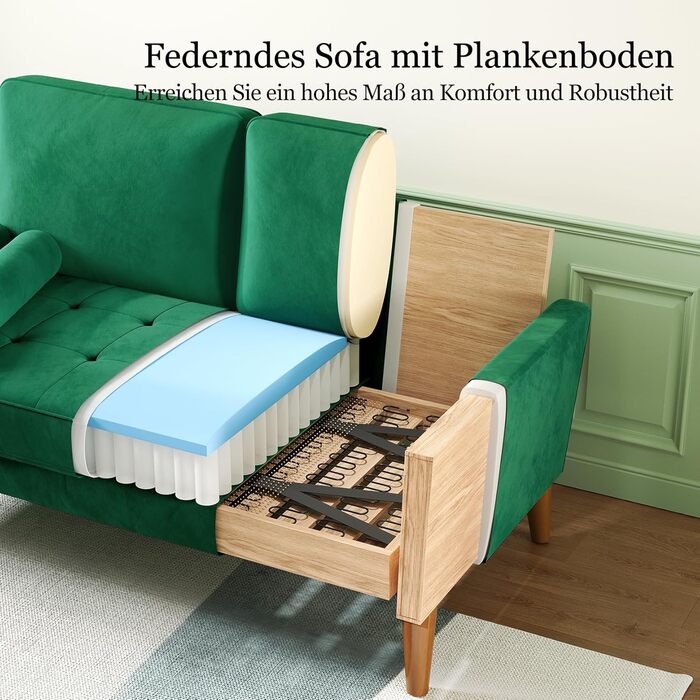 Диван Vesgantti, 2 місця, 121 см, сучасний дизайн, з 2 подушками, для вітальні/квартири/офісу (зелений, велюр)