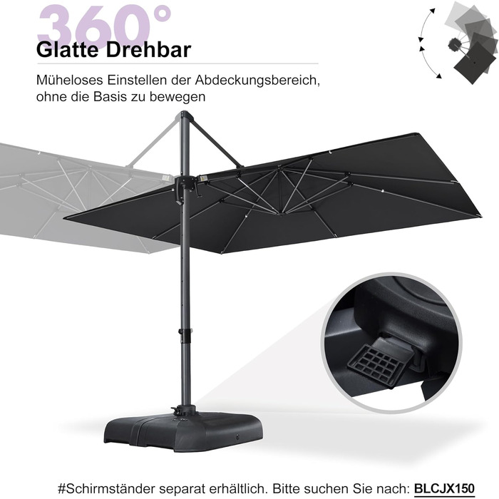 Парасолька від сонця PURPLE LEAF 300x400 см, велика підвісна парасолька-ампел з рукояткою, поворотом на 360° та хрест-підставкою для тераси та балкона, чорна