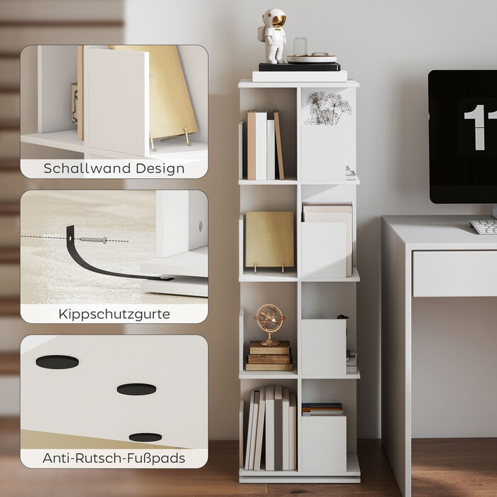 Поворотна книжкова полиця з 4 ярусами та 16 відділеннями, забезпечує легкий доступ, ідеально підходить для спальні, вітальні або кабінету. Виготовлена з ДСП, колір – білий.