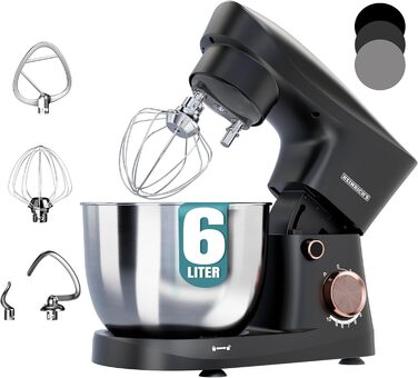 Кухонна машина Heinrichs 1500W з місткою чашею 6L з нержавіючої сталі, 10 швидкостей, титан, міксер, тістоміс, планетарний міксер