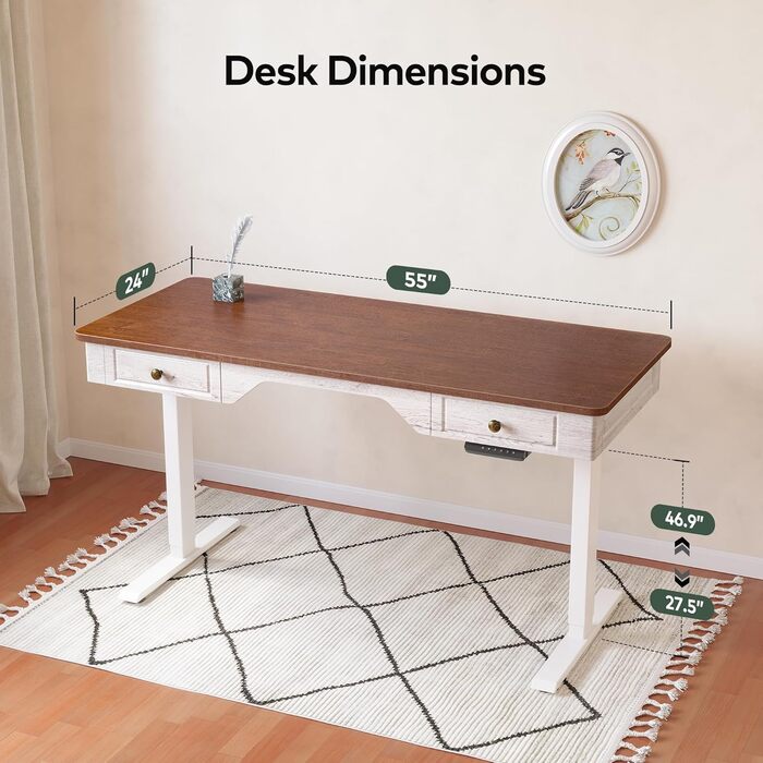 FEZIBO Стол стоячий електричний, регульований, з 2 шухлядами, 140 x 60 см, дерево (світле дерево), білий каркас (2 шт.)