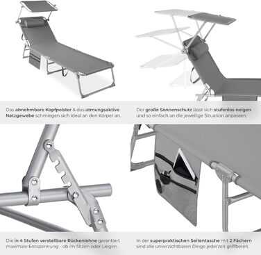 Лежак для відпочинку Tectake®: складаний, портативний, з кишенею, для балкона, тераси, кемпінгу (сірий)