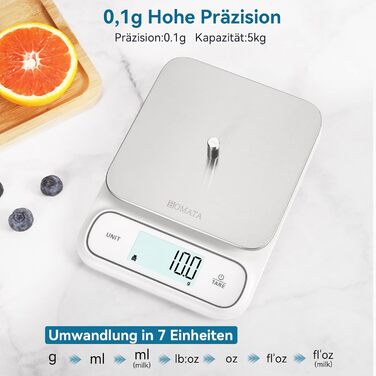 Кухонні ваги BOMATA: цифрові, вологостійкі, 5 кг, точність 0.1 г, USB-C, нержавіюча сталь