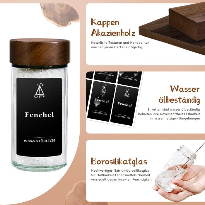 Набір скляних баночок для спецій з акціїйного дерева | 24 шт. з етикетками | Організатор для кухні | 120 мл