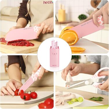 Набір кухонних ножів Hecef: 5 штук у блоці, рожевий, з ручками у формі котів