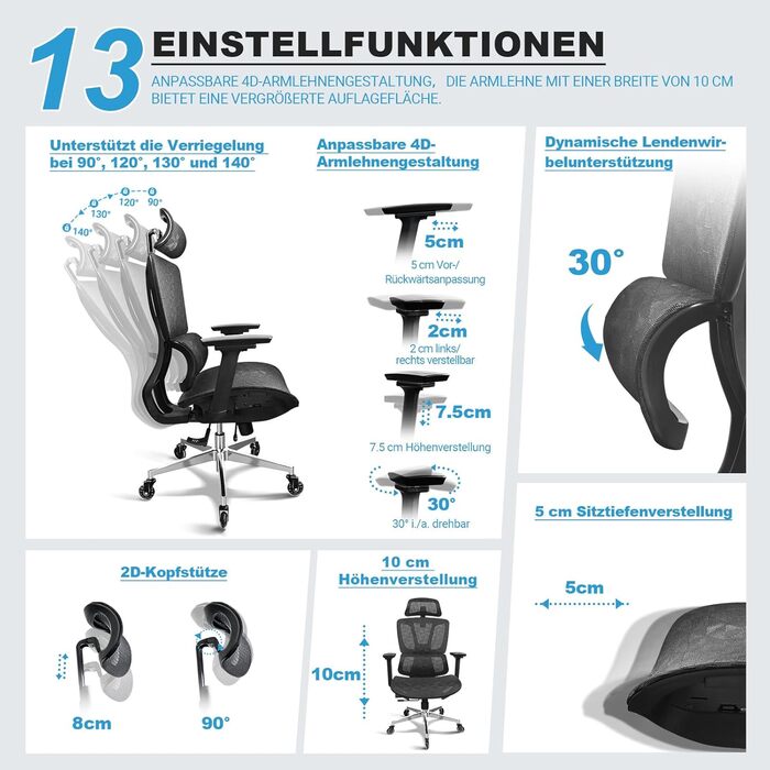 Ергономічне крісло для офісу, 4D підлокітники, регульована глибина сидіння, 4-рівневий нахил, гумові колеса, сітчаста сидіння, висока спинка, для великих людей, Homeoffice & Gaming, чорне ергономічне крісло з сітчастою подушкою сидіння