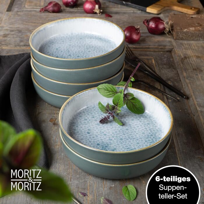 Набір посуду Moritz & Moritz TERRA на 6 осіб: 6 тарілок, 6 десертних тарілок, 6 мисок (Азурний, порцеляна)