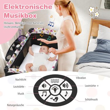 Дитяче туристичне ліжко COSTWAY 5 в 1 з матрацом, бебі-ліжко, ліжко-гойдалка з регульованим козирком, пеленальний столик, музична іграшка та сумка, до 15 кг