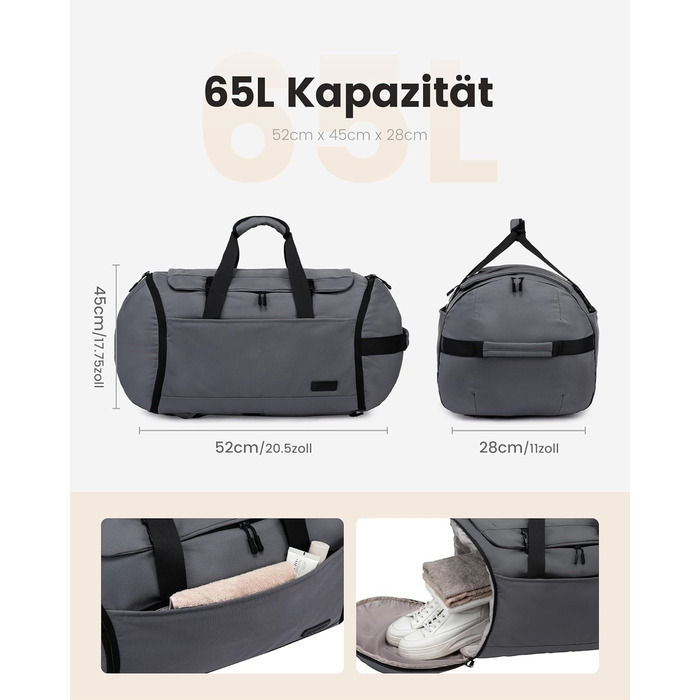 Спортивна сумка LOVEVOOK для чоловіків з відділенням для взуття, 65L, сіро-чорна