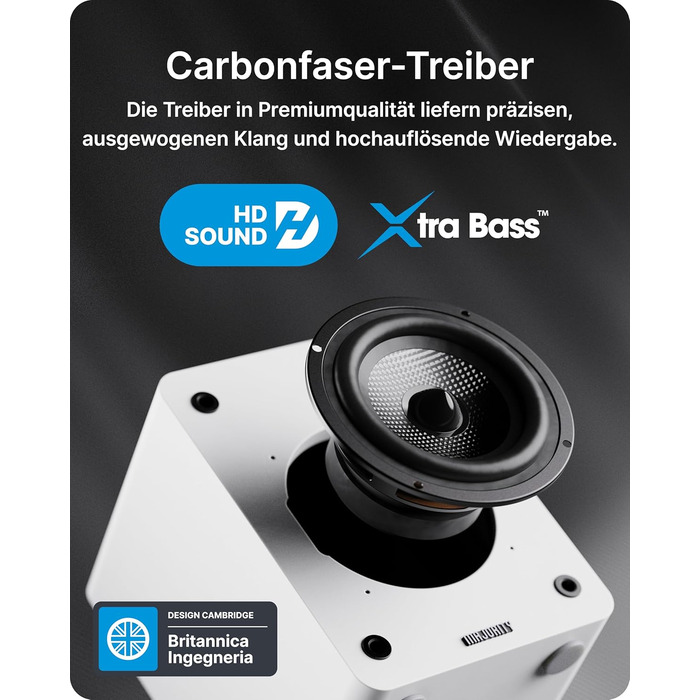 Активні Hi-Fi колонки Majority D50X 60W 2.0 для ПК та ТВ, Bluetooth 5.3, HDMI ARC, AUX, вуглецевий диффузор, білі