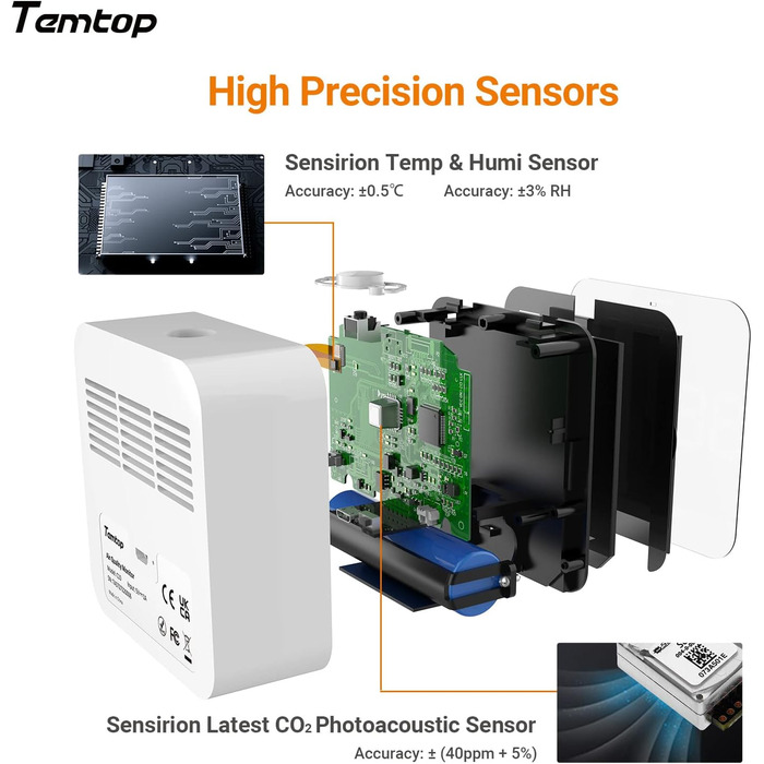 Temtop C10-2ND Монітор CO2 з Bluetooth, Wi-Fi, App, Температура та Вологість, для Дому та Офісу
