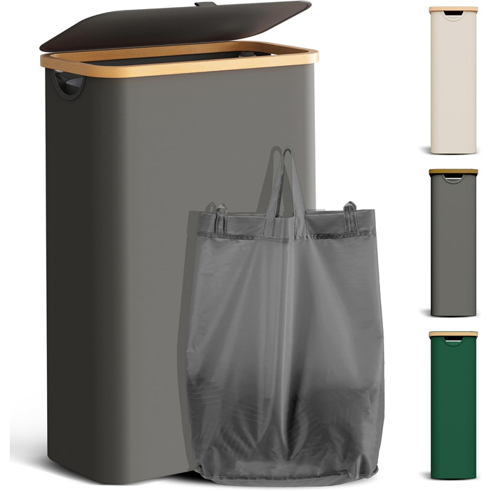 Кошик для білизни Youdenova з кришкою, 48л, вузький, з мішком для білизни, сортувальник, бамбук, білий