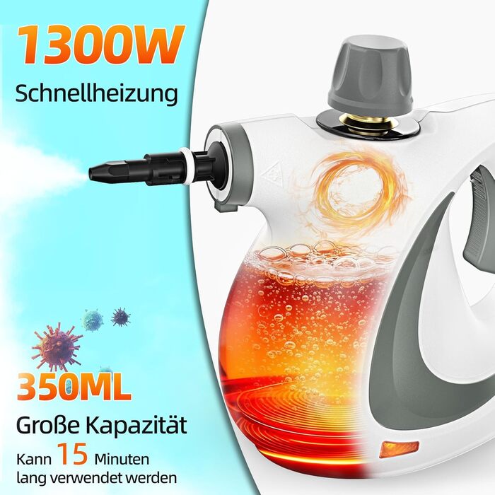 Портативний пароочисник для дому з аксесуарами, 3 бари, 1300 Вт, без хімікатів. Підходить для кухні, підлоги, плитки, диванів (білий)