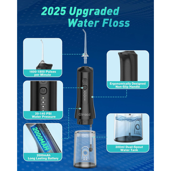 Іригатор для порожнини рота Munddusche: Професійний очищувач зубів з технологією мікробульбашок, регульований тиск води, для чищення зубів та брекетів, чорний