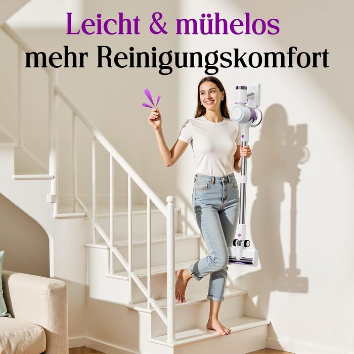 Бездротовий акумуляторний пилосос 45000 Па, 60 хв, 1,75 кг, 6-в-1 з сенсорним екраном, LED-підсвіткою, антизаплутувальною щіткою та зарядною станцією, 7-шарова фільтрація для шерсті тварин, килимів, твердих поверхонь, авто, білий з фіолетовим