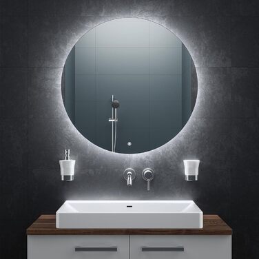 Дзеркало для ванної кімнати BR Bringer LED, діаметр 80 см, з підсвічуванням, протизапітнінням, регулюванням яскравості, енергозбереженням, 3 кольори світла, сенсорне керування та функція пам'яті (BRRS201)