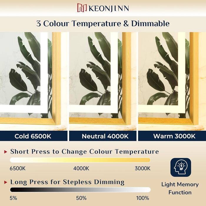 Дзеркало для ванної кімнати Keonjinn з підсвічуванням, 50x70 см, золотий металевий каркас, LED, сенсорне управління, 3 кольори світла, диммування, без запотівання, пам'ять налаштувань