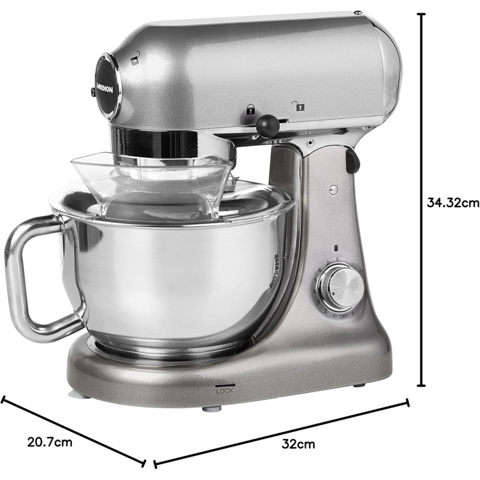 Кухонна машина MEDION MD16480 сіра металік: міксер, подрібнювач, 1000 Вт, 8 швидкостей, чаша з нержавіючої сталі