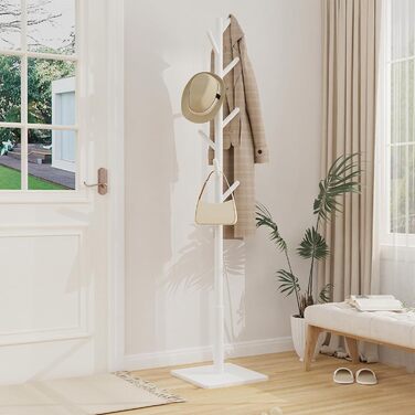 Підвісна вішалка для одягу з масиву дерева, дерев'яна вішалка для одягу, 8 гачків, 3 регульовані висоти, 30x30x180 см, білий колір