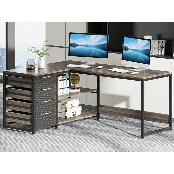 Письмовий стіл Tribesigns L-подібний з 4 шухлядами, комп'ютерний стіл, 2 полиці, кутовий, з місцем для зберігання, для офісу, кабінету, вітальні, 150×110×75 см (Волоський горіх & Білий) (Сірий)