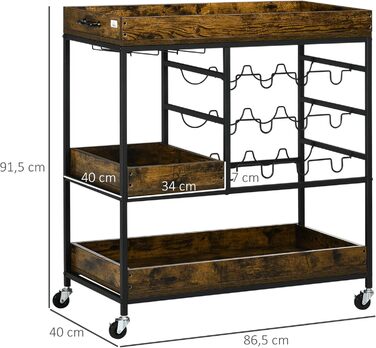 Візок для кухні HOMCOM, візок з гальмами, підставки для пляшок і тримачі для склянок, сільський коричневий, 86,5x40x91,5 см