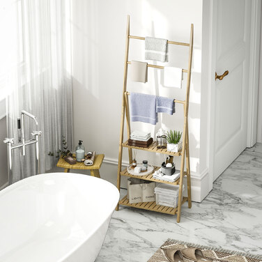 Трирівнева полиця для ванної кімнати, 3 тримачі для рушників, бамбуковий каркас, у формі літери А, решітчасті полиці