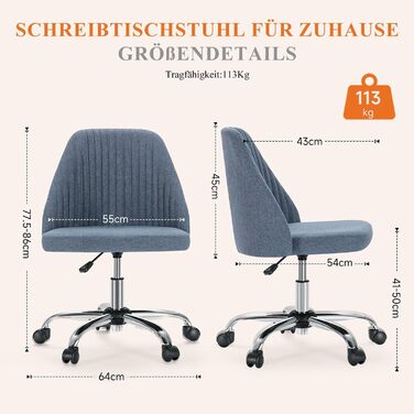 Офісний стілець Refined Living без підлокітників, комп'ютерний стілець на роликах, ергономічний, до 113 кг (Блакитний)