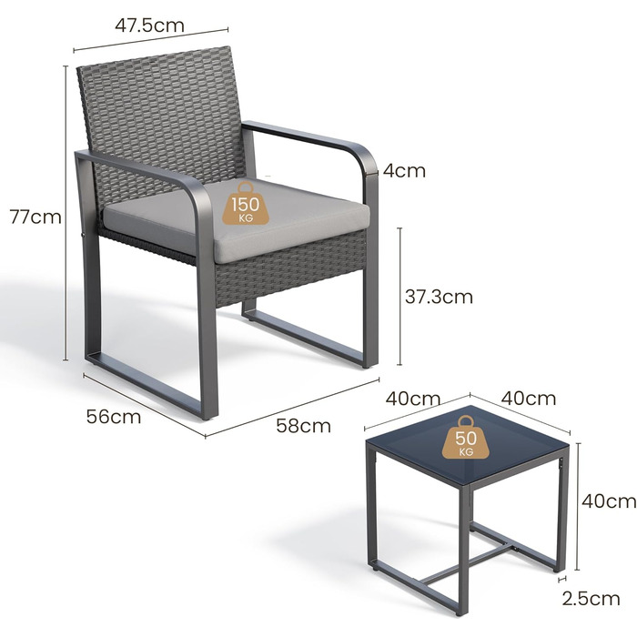 Набір садово-розкішних меблів Bealife з ротангу на 2 особи: для балкона, тераси, внутрішнього двору, саду (сірий)