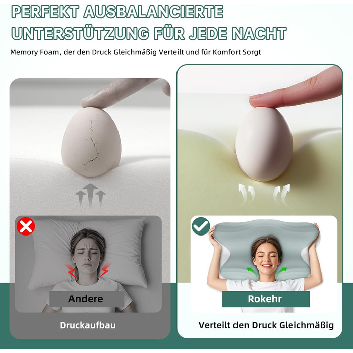 Подушка для сну на боці Rokehr, подушка для шиї, подушка з піною з пам'яті, подушка для підтримки шиї, подушка для сну на спині, животі та боці