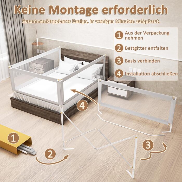 Бортики для ліжка дитячі Ikodm 2x200 см + 1x180 см, регульовані по висоті (64-96 см), сірі, з U-подібними ніжками, захист від випадання