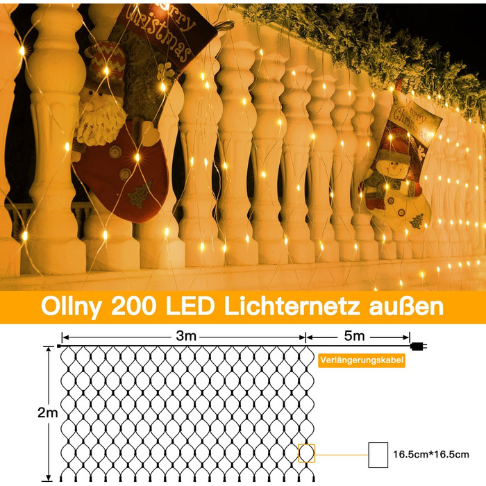 Світлова мережа Ollny 3x2m, 200 світлодіодів, теплий білий, пульт дистанційного керування та таймер, IP67, 8 режимів для вулиці та приміщень