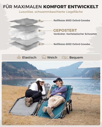 Лежак для відпочинку KingCamp великого розміру, складаний, 5 положень, для саду, кемпінгу, пляжу, з подушкою та кишенею, до 200 кг, 200 x 68 см, сірий