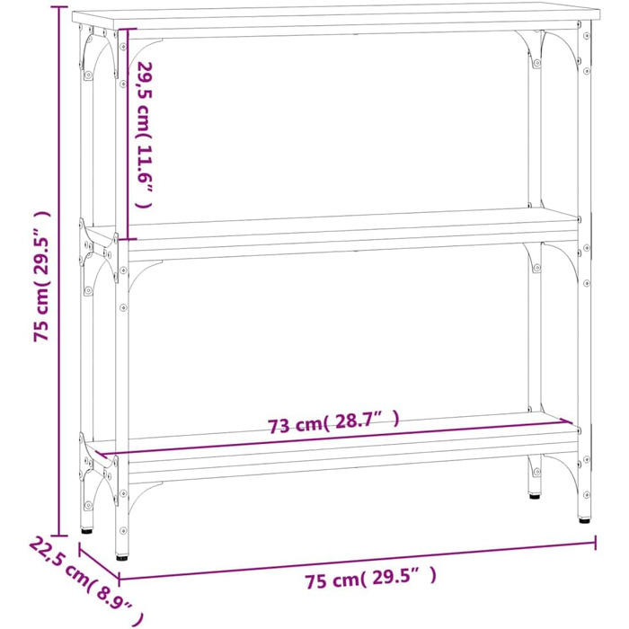 Консольний стіл FENLAX 100x22.5x75 см, вузький передпокій з полицями, копчений дуб (чорний 75 см)