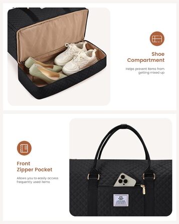 LOVEVOOK Складаний дорожній саквояж для жінок, 2-в-1, з сумкою для взуття, водонепроникний, для ручної поклажі, 53L, чорний