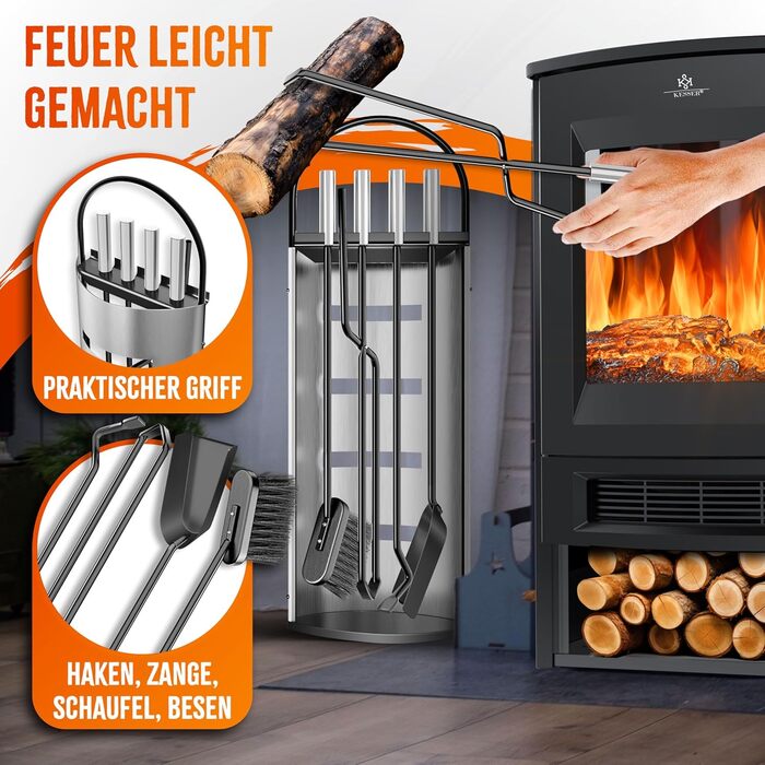 Набір камінне приладдя KESSER® 5 предметів | Сучасний дизайн, з покриттям, високоякісна камінна гарнітура | Besen, Schaufel, Schürhaken, Zange, Ständer mit Sichtschutz Edelstahl (Silver)