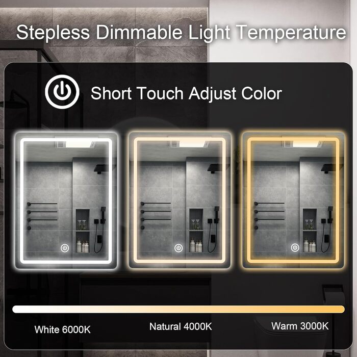 Дзеркало для ванної кімнати MYGIIVOVO з підсвічуванням LED, сенсорне керування, 3 кольори, 60x45 см