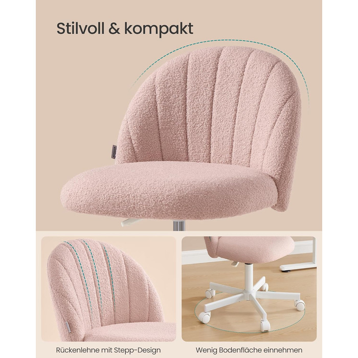 Крісло SONGMICS для дому та офісу, пухнастий стільчик для макіяжу, регульоване по висоті, з м'якою оббивкою, для робочого кабінету, спальні, гардеробної, кремово-білий (пастельно-рожевий)