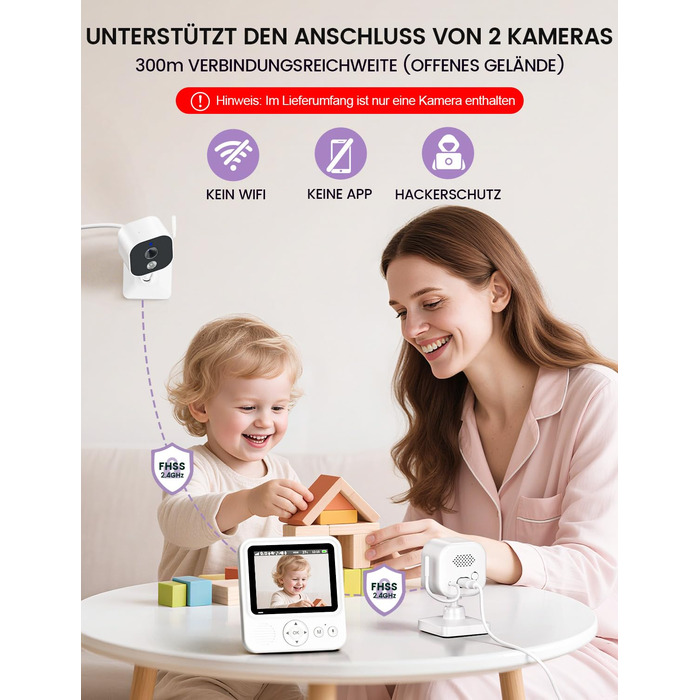 Радіоняня з камерою OBVHNUA 720P IPS: відеоняня без Wi-Fi, акумулятор 2000mAh, нічна зйомка, датчик температури, двосторонній зв'язок, колискові, режим VOX, екран 2.8