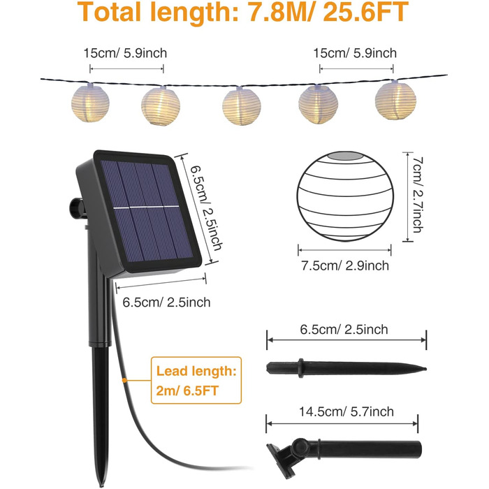 Вулична гірлянда на сонячних батареях, Світлодіодна лампа Litogo 7.8 M 40, вулична гірлянда на лампах з 8 режимами, вулична гірлянда для ліхтарів IP65, водонепроникна