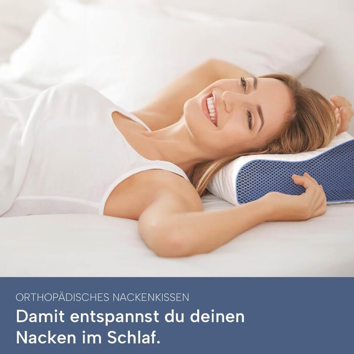 Ортопедична подушка для шиї з Memory Foam, регульована висота, знімає напругу голови та шиї, проти болю в шиї, 60x30 см, з синім чохлом, середньої жорсткості