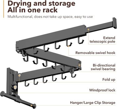Сушильна стійка ZdwCyl, настінна, висувна, розбірна (складена втричі), компактна вішалка з рушникосушкою, висока вантажопідйомність, ванна кімната, тераса та спальня (оновлення Morden)