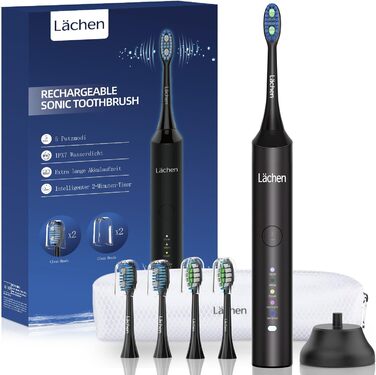 Електрична звукова зубна щітка Läschen з 5 режимами, кейс, 4 насадки, USB-зарядка, таймер, IPX7, чорна