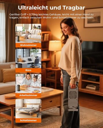 Електричний обігрівач 2000W з терморегулятором, тихий, 3 режими, PTC кераміка, швидкий нагрів, ECO режим, пульт, таймер 12H, поворот 70°, для офісу, спальні, ванної кімнати (чорний)